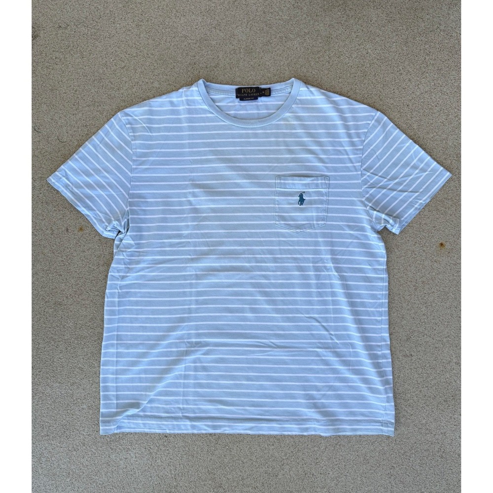 Polo Ralph Lauren Classic Fit Mens Medium T-Shirt - Blue Striped Pony Pocket Tee